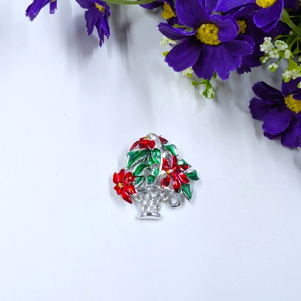 Red and Green Enamel Holly Flower Vintage Sterling Silver Plated Brooch